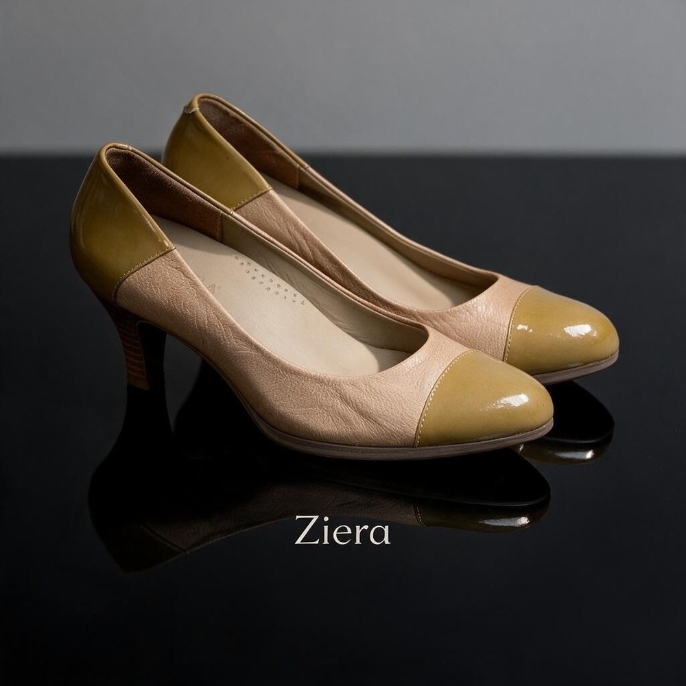 Ziera Womens Two Tone Leather Patent Cap Toe Kitten Heel Pumps Tan Green 39 W